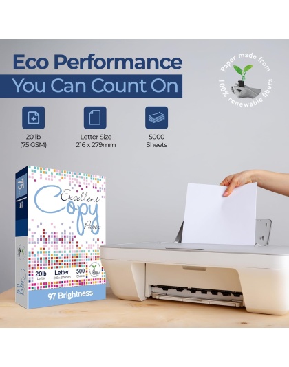 Excellent Copy Paper, 20 lb, Letter Size 8.5” x 11”, 97 Brightness, 5000 Sheets (10 Pack)