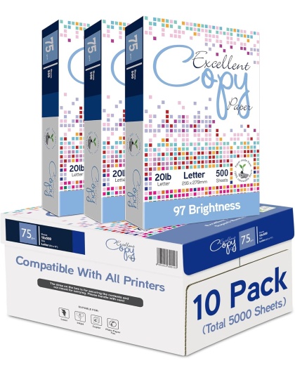 Excellent Copy Paper, 20 lb, Letter Size 8.5” x 11”, 97 Brightness, 5000 Sheets (10 Pack)